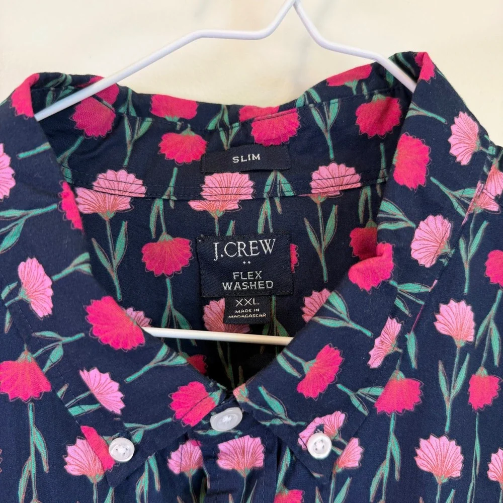 J. Crew Mens Flex Washed Slim Fit Short Sleeve Floral Button Down Shirt XXL Navy